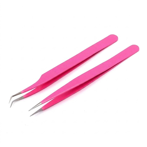 2 Pcs Pink <b>Eyelash</b> Extension Tweezers Set Straight & Curved Stainless Steel Precision <b>Beauty</b> <b>Tools</b> - Product Image 5