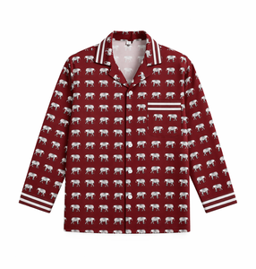 Women Crepe Silk Pajama Set Elephant Print Long Sleeve Nightwear V Neck Shirt Long Pants Casual Lounge Wear Set - Product Image 1