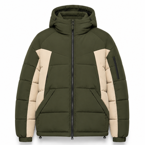 Premium Outdoor Puffer <b>Jacket</b> Cold Weather Padded Hood Contrast Construction Custom Badge OEM Zipper Pockets Elastic Wrist Cuffs - Product Image 1