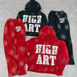 Conjunto de sudadera y pantalones de chándal de invierno 100% algodón suelto de lujo con lavado de diamantes de imitación ácido personalizado para hombre - Product Image 3