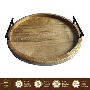 Superior Quality Handmade round Mango Wood Serving Tray with Elegant Home <b>Kitchen</b> Metal Handles Wholesale Serving Trays - Product Image 2