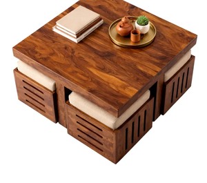 Slatted Top Solid Wood Coffee Table with 4 <b>Cushioned</b> Stools | Space Saving Nested Center Table | Jodhpur Export - Product Image 2