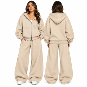 Women's Relaxed Fit Full <b>Zip</b> <b>Hooded</b> Tracksuit Set Oversized Sweatshirt Wide Leg Trousers Drawstring Waist Two Piece Set - Product Image 1
