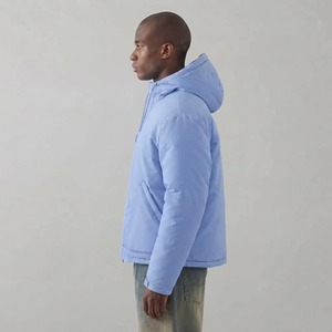 Men's <b>Light</b> Blue Hooded <b>Puffer</b> <b>Jacket</b> With Zipper Front And Embroidery Logo Winter Casual Outerwear - Product Image 4