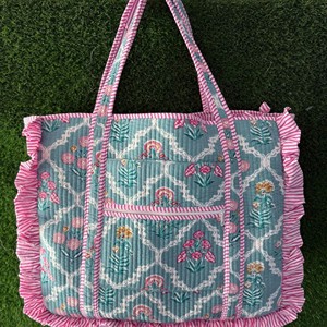 Cotton Quilted Floral Tote <b>Bag</b> With Pink Ruffles <b>Boho</b> Style Women's Shoulder <b>Bag</b> All Seasons Shopping <b>Bag</b> - Product Image 6