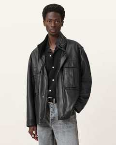 Veste en cuir véritable noire pour homme, col rabattu, fermeture éclair, coupe ample décontractée, pour l'automne - Product Image 1