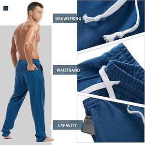 Pantalon de jogging décontracté en coton bleu pour homme, taille élastique avec cordon de serrage, poches latérales, tricoté mi-lourd, idéal pour l'automne - Product Image 3