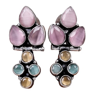 In Stock Oxidized <b>Silver</b> <b>Stud</b> Dangle Earring Wholesale Bulk | Multi Stone Drop Earring | Handmade Indian Ethnic Jewelry Supplier - Product Image 3