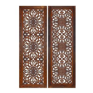 Juego de 2 Paneles Decorativos de Pared de Madera de Mango, Tallado de Medallón Rectangular, Color Marrón Quemado, Decoración para el Hogar - Product Image 1