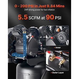 Compressore d'Aria Portatile da 25 Galloni con Motore da 2HP, 5.5 SCFM, Serbatoio Lubrificato a Olio da 90PSI con Pressione Massima di 200PSI, Ruote Incluse - Product Image 2