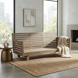 Premium wooden slatted sofa frame minimalist solid teak wood living room three seater daybed <b>bench</b> natural teak lounge frame - Product Image 3