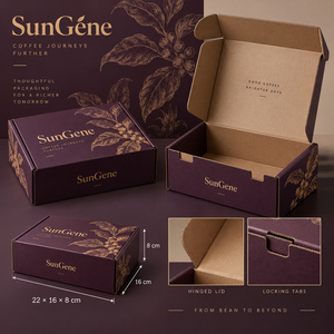 Caja de cartón corrugado impresa SunGene para latas de café tostado en color ciruela oscuro y dorado atenuado - Product Image 5