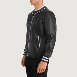 Men's Black PU <b>Leather</b> Bomber <b>Jacket</b> Regular Fit Stand Collar Button Closure Solid Color Casual Autumn Wear - Product Image 3
