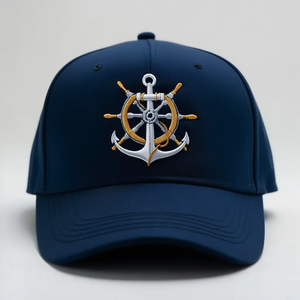 Casquette de baseball Oxford bleu marine avec broderie ancre et gouvernail sur le panneau avant, 6 panneaux, ajustée, unisexe, style sportif et décontracté - Product Image 1