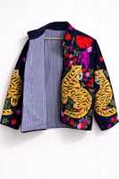 Veste pour femme confortable et décontractée, avec motifs de tigre brodés à la main, richement ornée de fils dorés, style bohème chic, blazer en velours d'hiver