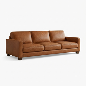 โซฟาหนังแท้สามที่นั่ง สไตล์โมเดิร์นกลางศตวรรษ พนักพิงแบบ Tufted แขนตรง ขาไม้ โซฟาหนังสำหรับห้องนั่งเล่น - Product Image 1