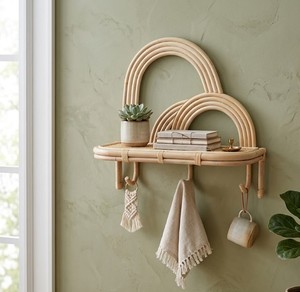 Natural Rattan Wall Mounted Shelf with Arched Rainbow Design, Handmade <b>Hanging</b> <b>Storage</b> Organizer for Home Decor, Nursery Uses - Product Image 4