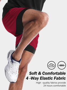 Shorts de course pour homme 2 en 1 à séchage rapide avec doublure rouge, shorts de fitness et d'entraînement respirants avec poches - Product Image 4