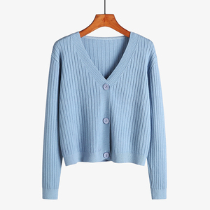 <b>Men's</b> Light Blue Solid Color Knitted <b>V</b> <b>Neck</b> Cardigan Full Sleeve Button Closure Autumn Standard Thickness <b>Sweater</b> - Product Image 4