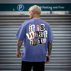 T-shirt en coton bleu surdimensionné pour homme, manches courtes, col rond, coupe décontractée, longueur standard, motif imprimé avec lettres au dos - Product Image 2