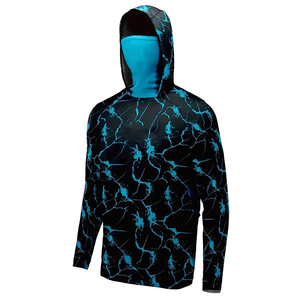 Sweat à capuche de pêche pour homme à manches longues UPF 50, noir et bleu, imprimé craquelé, séchage rapide, avec cache-col intégré - Product Image 6