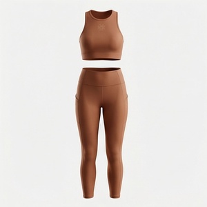 Conjunto de Yoga de 2 Piezas para Mujer, Color Marrón Sólido, Top Corto sin Mangas con Cuello Redondo y Leggings Largos de Cintura Alta - Product Image 1