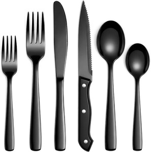 Ensemble de couverts en acier inoxydable noir mat, couverts modernes, fourchettes, couteaux, cuillères, couverts durables à long manche, ensembles de couverts en métal - Product Image 2
