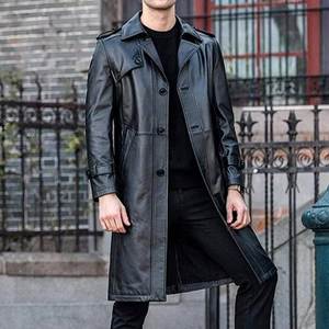 <b>Men</b> Genuine Leather <b>Long</b> Trench <b>Coat</b> Notched Lapel Single Breasted Overcoat With Pockets Regular Fit - Product Image 6
