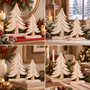 Bestseller White Christmas Trees Set of 2 Figurines for <b>Shelf</b> <b>Mantel</b> Table Decoration Handmade Mango <b>Wood</b> Decor Wholesale - Product Image 2