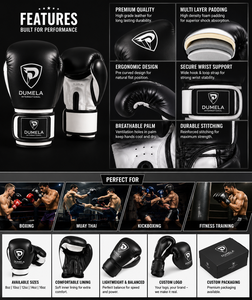 Guantes de Boxeo Profesionales Portátiles Negros y Blancos Dumela International, Cuero Genuino, Empaque Personalizado, Modelo de Alta Calidad - Product Image 6