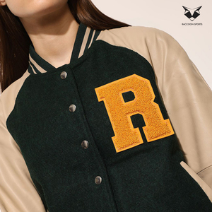 New Arrival Comfortable Women Varsity <b>Jacket</b> Green Beige Full Sleeve Turn Down Collar Button Closure Letter R Embroidery Design - Product Image 6