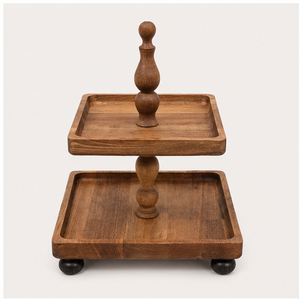 Support à gâteau artisanal à 2 niveaux en bois d'acacia, présentoir carré pour cupcakes et plateau de service pour desserts, idéal pour mariages et fêtes - En promotion - Product Image 2