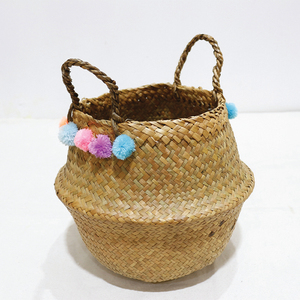 Cesta Redonda Hecha a Mano de Hojas de Palma, Duradera, con Decoración Vibrante de Pompones, Plegable, Organizador de Juguetes para Guardería - Product Image 5