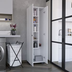 Mobiletto Portascopa Bianco Salvaspazio Pieghevole con Ripiani Interni e Ganci Laterali per Scopa - Soluzione per la Lavanderia - Product Image 4