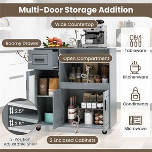 Carrello da Cucina Moderno Grigio con Ruote Girevoli a 360 Gradi, Ripiano per Microonde, Cassetto e Armadietto a 2 Ante in Acciaio e Bambù - Product Image 4