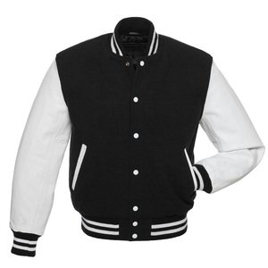 Men Two Tone Varsity Jacket with Beige Leather Sleeves and Black Body Custom College Style Letterman Baseball <b>Coat</b> - Product Image 1