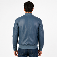 Blouson bomber classique en cuir bleu pour homme avec poche utilitaire sur la manche, col côtelé et ceinture