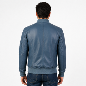Chaqueta bomber MA-1 clásica de cuero azul para hombre con bolsillo utilitario en la manga, cuello y cinturilla acanalados - Product Image 4