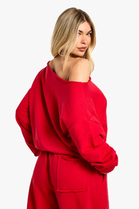 Sudadera Oversize Roja para Mujer con Hombros Descubiertos, Manga Larga, Tejido Sólido, Estilo Casual para Otoño - Product Image 2