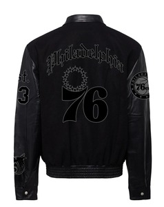 Chaqueta Varsity Philadelphia 76ers de Lana y Cuero Estilo Inglés Antiguo, Color Negro - Product Image 2