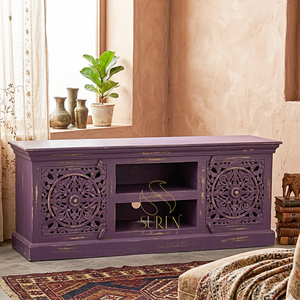 SUREN SPACE SS2723 Purple Solid Wood <b>TV</b> Stand with Carved Panels and Storage Living Room Furniture Rustic Antique <b>Design</b> - Product Image 1