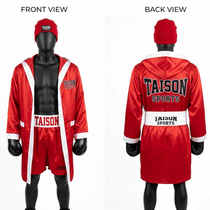 Premium 220 GSM Satin Boxing Robe Red White Contrast Panels Custom Screen Print Logo Fightwear - Product Image 1