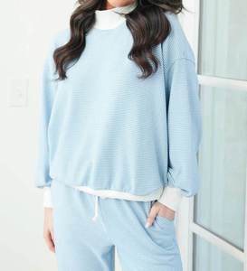 Custom Womens <b>Light</b> Blue Striped Tracksuit Set Heavyweight Crewneck Sweatshirt Straight Leg Pants Streetwear Lounge Wear Suit - Product Image 1