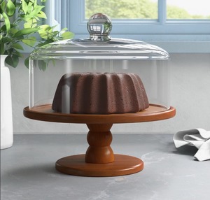 Elegant Wood Cake Stand With Glass Dome Cover Round Reusable For Displaying Cakes At Best Price - Product Image 1