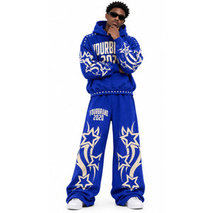Eco Friendly Blue Hooded Tracksuit 2020 Full Length Loose Fit Hip Hop <b>Sweatshirt</b> And Pants Set With Star <b>Print</b> Side Pockets - Product Image 2