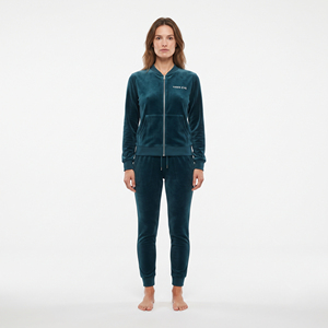 Ensemble de survêtement en velours pour femme, couleur turquoise, 2 pièces, veste zippée et pantalon de jogging, coupe slim, style décontracté - Product Image 5