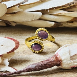 Unique Design Vintage 18k Gold Plated Brass Amethyst <b>Ring</b> Double Stone Ethnic <b>Open</b> Tribal Statement Boho Women Wholesale <b>Ring</b> - Product Image 1