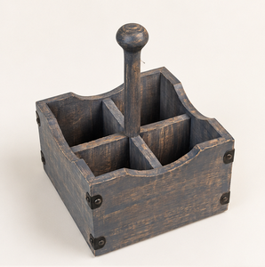 Rustic Grey Washed Mango Wood Cutlery Holder 4-Compartment Portable Silverware Caddy & Utensil Organizer With Detachable Handle - Product Image 5