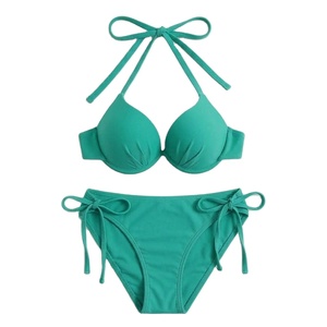 Ensemble bikini deux pièces taille haute pour femme, motif à carreaux, effet ventre plat, col carré, bordure contrastante, couleur crème, vente en gros - Product Image 5