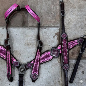 Latest DD Leather Horse Riding Equipment-Hand <b>Painted</b> Head Stall Breast Collar Reins Set Assorted Leather Colors - Product Image 2